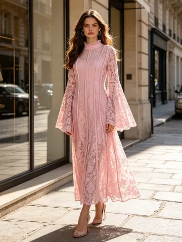 Robe Longue Élégante en Dentelle Style Français pour Femme Broderie Lourde Manches Cloche Col Montant en Mélange de Coton Polyester