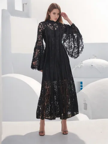 Robe Longue Élégante en Dentelle Style Français pour Femme Broderie Lourde Manches Cloche Col Montant en Mélange de Coton Polyester