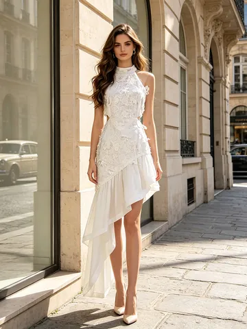 Women Fashion Resort Style Dress Summer High-end Stand Collar Sleeveless Cut-out Irregular Embroidery Maxi Dress