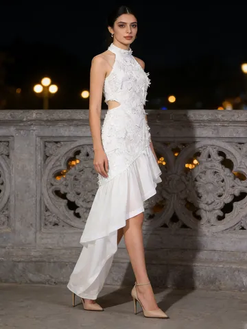 Women Fashion Resort Style Dress Summer High-end Stand Collar Sleeveless Cut-out Irregular Embroidery Maxi Dress