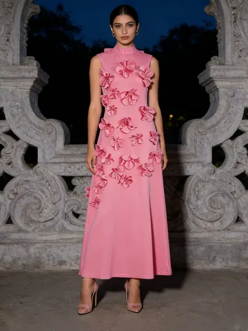 French 3D Flower Applique Stand Collar Sleeveless Maxi Dress Polyester Cotton Blend Elegant Vacation Style Summer Party Dress For Women