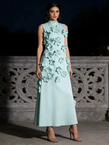 French 3D Flower Applique Stand Collar Sleeveless Maxi Dress Polyester Cotton Blend Elegant Vacation Style Summer Party Dress For Women