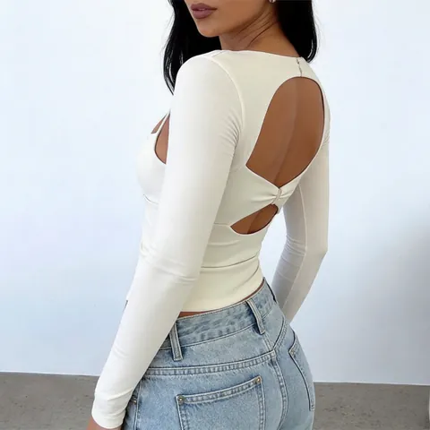Women Sexy Square Neck Long Sleeve Hollow Out Cropped T-Shirt Slim Fit Pullover Top Polyester Solid Color Y2K Fashion