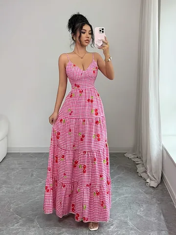 Vestito Maxi Donna Elegante Gingham Stampa Ciliegia Spalline Sottili Scollo a V Orlo a Balze Schiena Scoperta Fiocco Linea a A Estate Vacanza Festa