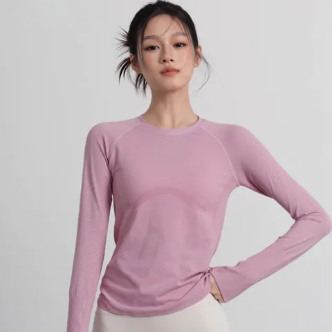 Women Seamless Yoga Long Sleeve Top Breathable Crew Neck Sportswear Slim Fit Running Pilates Gym Training Athletic Top