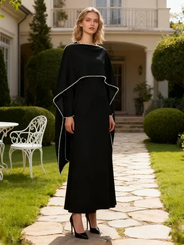 Elegant Vintage Polyester Maxi Dress With Heavy Artificial Pearl Cape High Waist Retro Party Evening Long Dress For Women