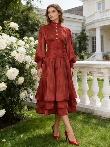 Elegant Vintage Lantern Sleeve Ruffle Maxi Dress Stand Collar Slim Fit High Waist Solid Color French Style Party Dress For Women