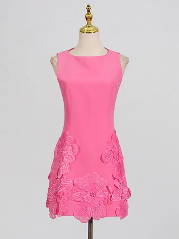 Women Sleeveless Mini Dress Elegant 3D Floral Applique Short Dress With Artificial Pearl Detail Slim Fit High Waist Party Gown