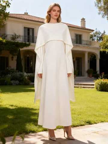 Elegant Vintage Polyester Maxi Dress With Heavy Artificial Pearl Cape High Waist Retro Party Evening Long Dress For Women