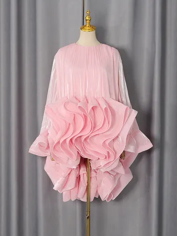 French Style Pink Satin Luster Mini Dress Ruffle Flounce Bell Sleeve Pleated High Waist Socialite Elegant Party Dress For Women