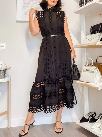 Robe Midi Brodée Style Français Sans Manches Col Montant Ajouré Patchwork Amincissant Robe Longue Pour Femmes Fête Vacances