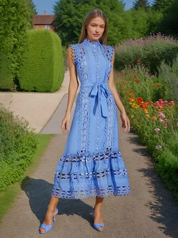 Robe Midi Brodée Style Français Sans Manches Col Montant Ajouré Patchwork Amincissant Robe Longue Pour Femmes Fête Vacances