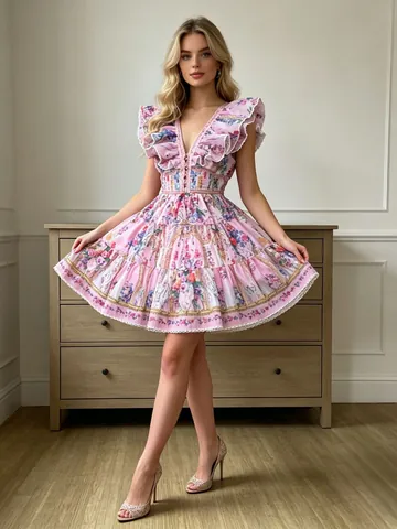 Vestito da Donna a Fiori Scollo a V con Volant Senza Maniche Mini Abito a Strati Schiena Scoperta con Fiocco Stile Dolce Vacanza