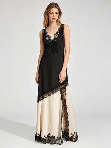 Robe Longue Élégante Femme Col en V Dentelle Patchwork Sans Manches Été Bodycon Clubwear Fête Robe en Polyester