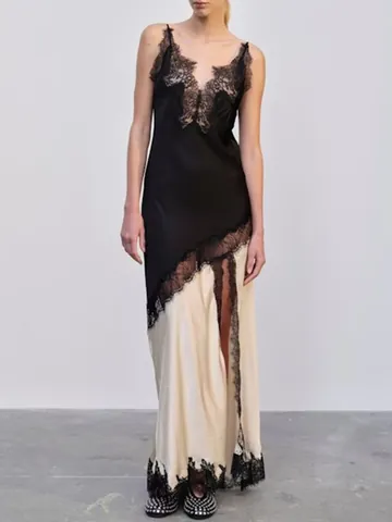 Robe Longue Élégante Femme Col en V Dentelle Patchwork Sans Manches Été Bodycon Clubwear Fête Robe en Polyester