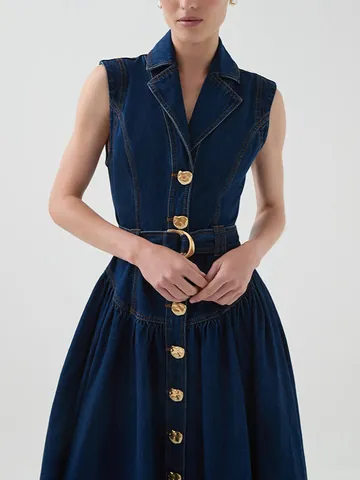 Koreanischer Stil Elegantes Ärmelloses Maxikleid Für Damen Einfarbig Revers A-Linie Lässiges Kleid Mit Gürtel Für Den Alltag Bankett