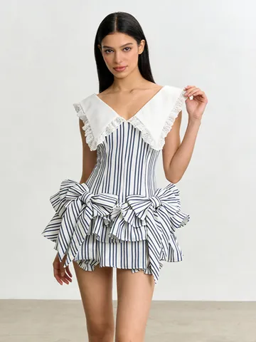 Damen Süße Kleider Im Koreanischen Stil Gestreiftes Kleid Großer Revers Kragen Spleiß Schleife Dekoratives Ärmelloses Etuikleid