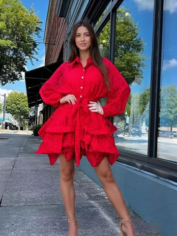 Elegant Women Floral Printed Long Sleeve Dress Turn-down Collar Tie-Waist Ruffle Hem Slim Fit Mini Dress For Banquet