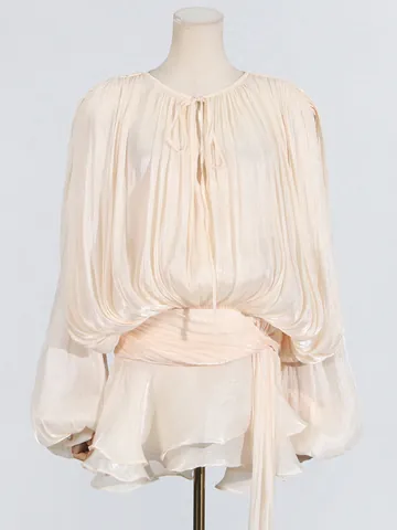 Women Sweet Pleated Mini Dress Round Neck Tie Lantern Sleeve Ruffle Hem Solid Color Polyester Fashion Summer Short Dress