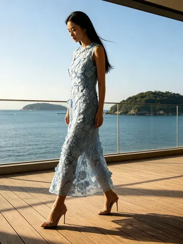 French Style Sweet Light Blue Sleeveless Maxi Dress With 3D Floral Appliques Patchwork Banquet Evening Party Dress For Women