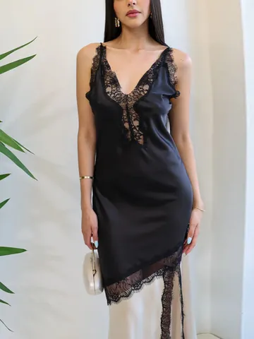 Sexy Hot Girl Style Lace Splicing Camisole Maxi Dress For Women 2026 Spring New Fashion Color Block V Neck Polyester Bodycon Dress