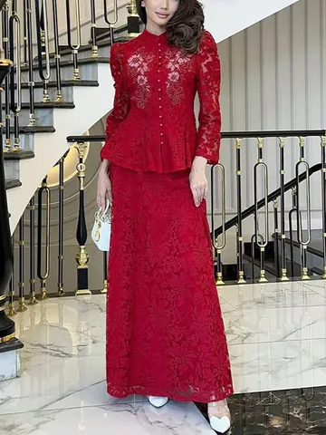 Ensemble Jupe en Dentelle Élégant pour Femmes Brodé Manches Longues Col Montant Top Et Jupe Longue Deux Pièces Tenue de Banquet