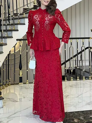 Ensemble Jupe en Dentelle Élégant pour Femmes Brodé Manches Longues Col Montant Top Et Jupe Longue Deux Pièces Tenue de Banquet