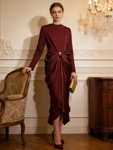 Elegant Long Sleeve Bodycon Dress Ruched Waist Metal Buckle Formal Evening Banquet Party Solid Color Slim Fit Maxi Dress