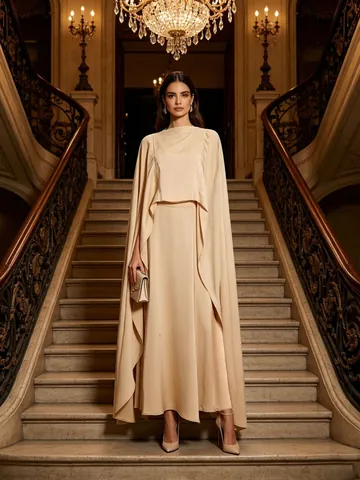 Elegant Champagne 3-Piece Set For Women Satin Finish Sling Top Long Skirt And Long Shawl Banquet Party Outfits Set