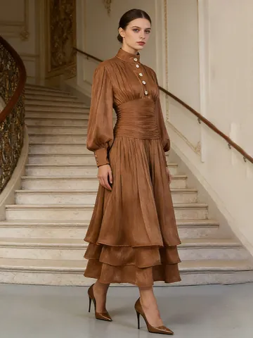 French Elegant socialite Party Dress Women High Waist Ruched Tiered Hem Maxi Long Sleeve Evening Gown Banquet Satin Dress
