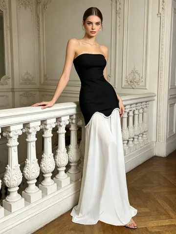 Ensemble Deux Pièces Femme Sexy Slim Noir et Blanc Bloc de Couleur Top et Jupe Maxi Avec Ornement de Perles Tenue de Soirée Élégante