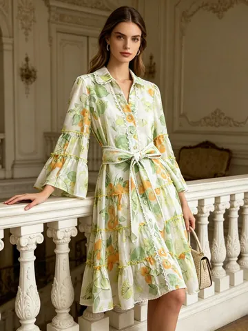 French Sweet Vacation Style Cherry Citrus Print Shirt Dress For Women Summer Short Sleeve Ruffled Layered Cake Dress