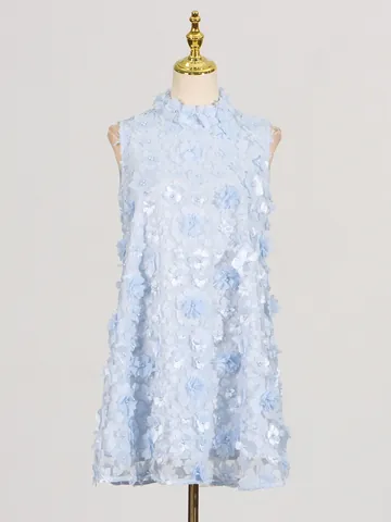 Women Sweet Sleeveless High Neck Dress With 3D Floral Patchwork And Artificial Pearl Short A-Line Dress For Summer Daily Party