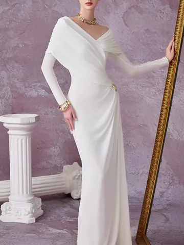 Elegant Ruched Maxi Dress For Women Long Sleeve V-Neck Slim Fit Evening Gown With Metal Buckle Formal Party Cocktail Dress