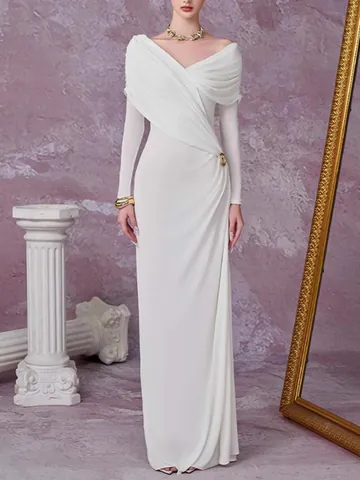 Elegant Ruched Maxi Dress For Women Long Sleeve V-Neck Slim Fit Evening Gown With Metal Buckle Formal Party Cocktail Dress