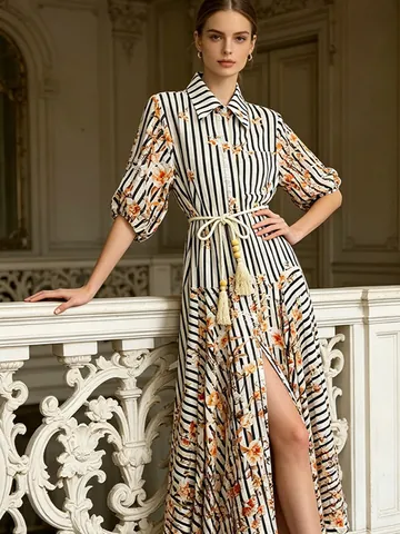 Vestido Largo De Poliéster Con Estampado Floral De Estilo Pastoral Francés Para Mujer Vestido Largo Con Cuello Camisero Y Manga Tres Cuartos Para Vacaciones En La Playa