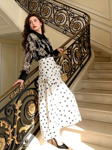 Women High Waist Polka Dot A-Line Skirt Elegant Celebrity Style Midi Skirt Slim Fit Spotted Bottom For Summer Party Daily Wear