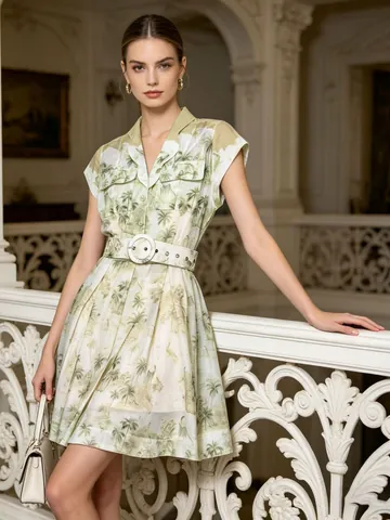 Women's Vacation Tropical Palm Tree Print Shirt Dress Short Sleeve Belted V Neck Summer Casual Elegant Fashion Midi Dress