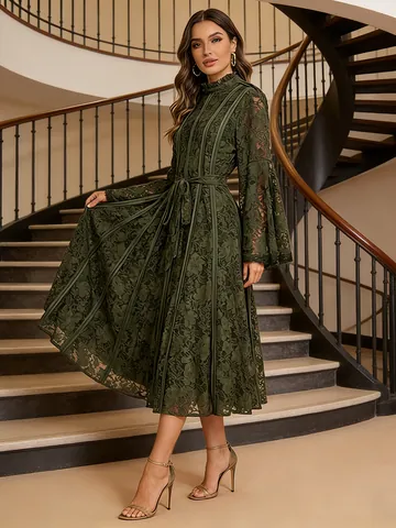 Elegant Lace Long Sleeve Maxi Dress Women Slim Fit Embroidered A-line Party Dress With Sash Spring Fashion High Neck Dress