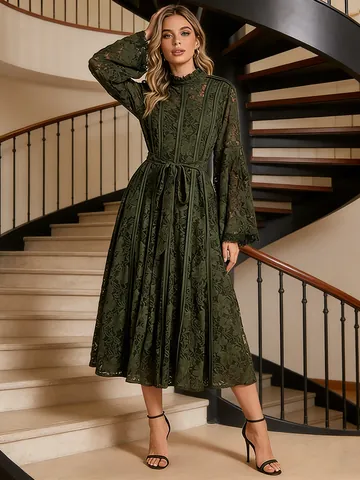 Elegant Lace Long Sleeve Maxi Dress Women Slim Fit Embroidered A-line Party Dress With Sash Spring Fashion High Neck Dress