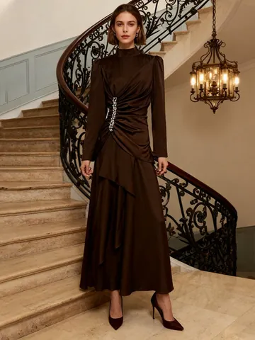 Abito Maxi a Maniche Lunghe Irregolare Elegante in Stile Francese Con Strass Arricciato Finitura Satinata Palazzo Donna Festa Sera