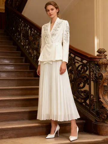Elegant Rhinestone Patchwork Suit Jacket And Pleated Maxi Skirt Top And Bottom For Women Temperament Banquet Formal Party Clothes
