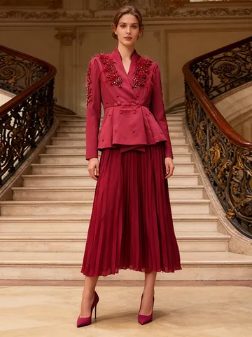 Elegant Rhinestone Patchwork Suit Jacket And Pleated Maxi Skirt Top And Bottom For Women Temperament Banquet Formal Party Clothes