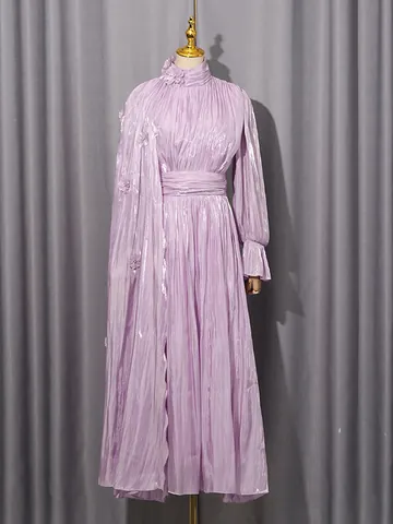 French Style Pleated Maxi Dress Elegant Celebrity 3D Flower High Waist Party Evening Long Lantern Sleeve Dress For Women