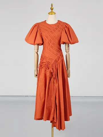 Vestito Maxi da Donna Stile Francese Vintage con Maniche a Sbuffo Punto Smock Orlo Irregolare Tinta Unita Poliestere