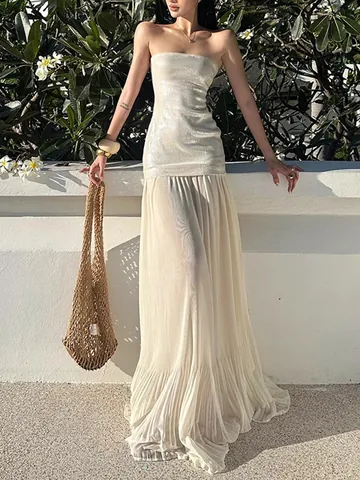Vestido Maxi de Tubo Sexy Blanco Roto para Mujer Verano Playa Malla Costura Elegante Poliéster Falda Larga Vacaciones Fiesta