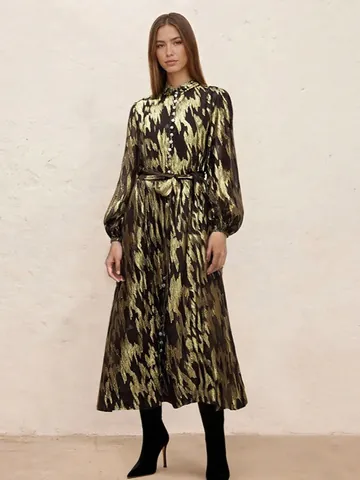 Women Elegant Maxi Dress Long Sleeve Turn-down Collar Ruffle Cuff Abstract Print Sophisticated High Waist Dress With Belt