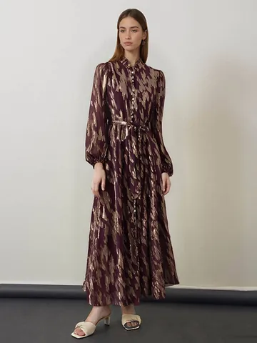 Women Elegant Maxi Dress Long Sleeve Turn-down Collar Ruffle Cuff Abstract Print Sophisticated High Waist Dress With Belt