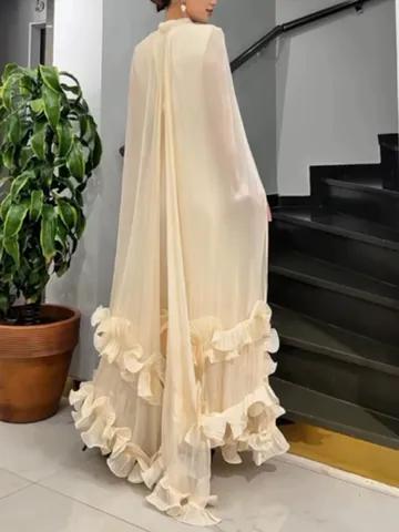 Women Elegant Pleated Sleeveless Maxi Dress Tie Neck Patchwork Ruffle Hem Long A-Line Dress For Banquet Casual Spring
