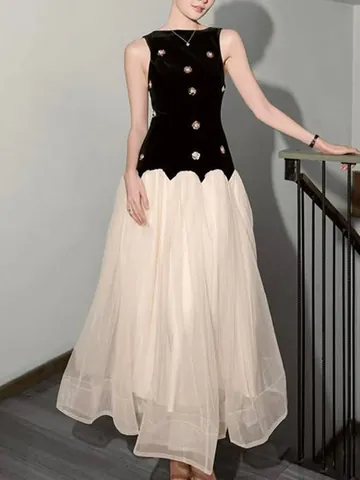 Dames Elegant Zwart Fluweel Crème Mesh Patchwork Maxi Jurk Mouwloos Strass Kralen Floral Slim Fit Avond Feest Lange Jurk